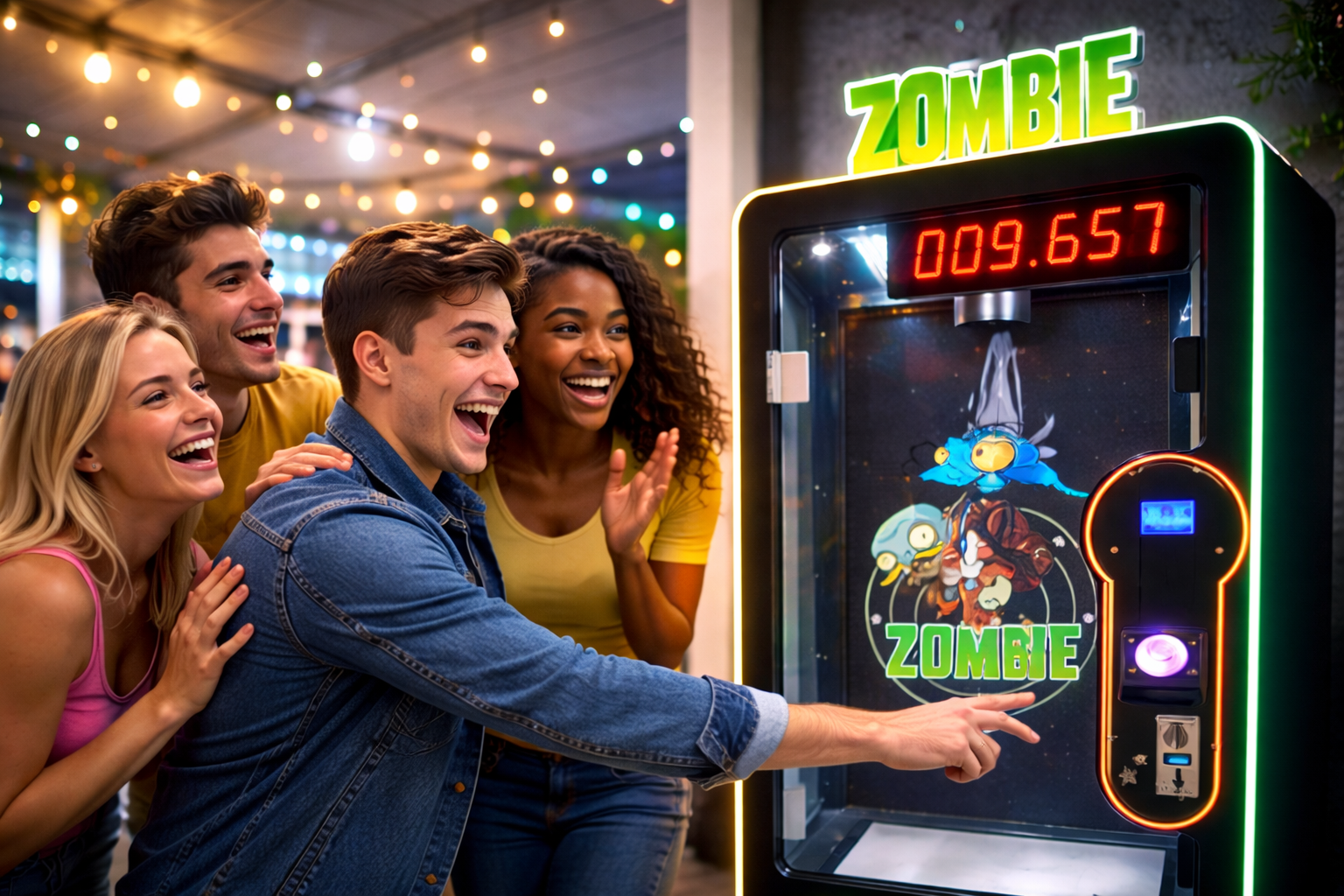 Friends having fun playing the Zombie Machine at a party